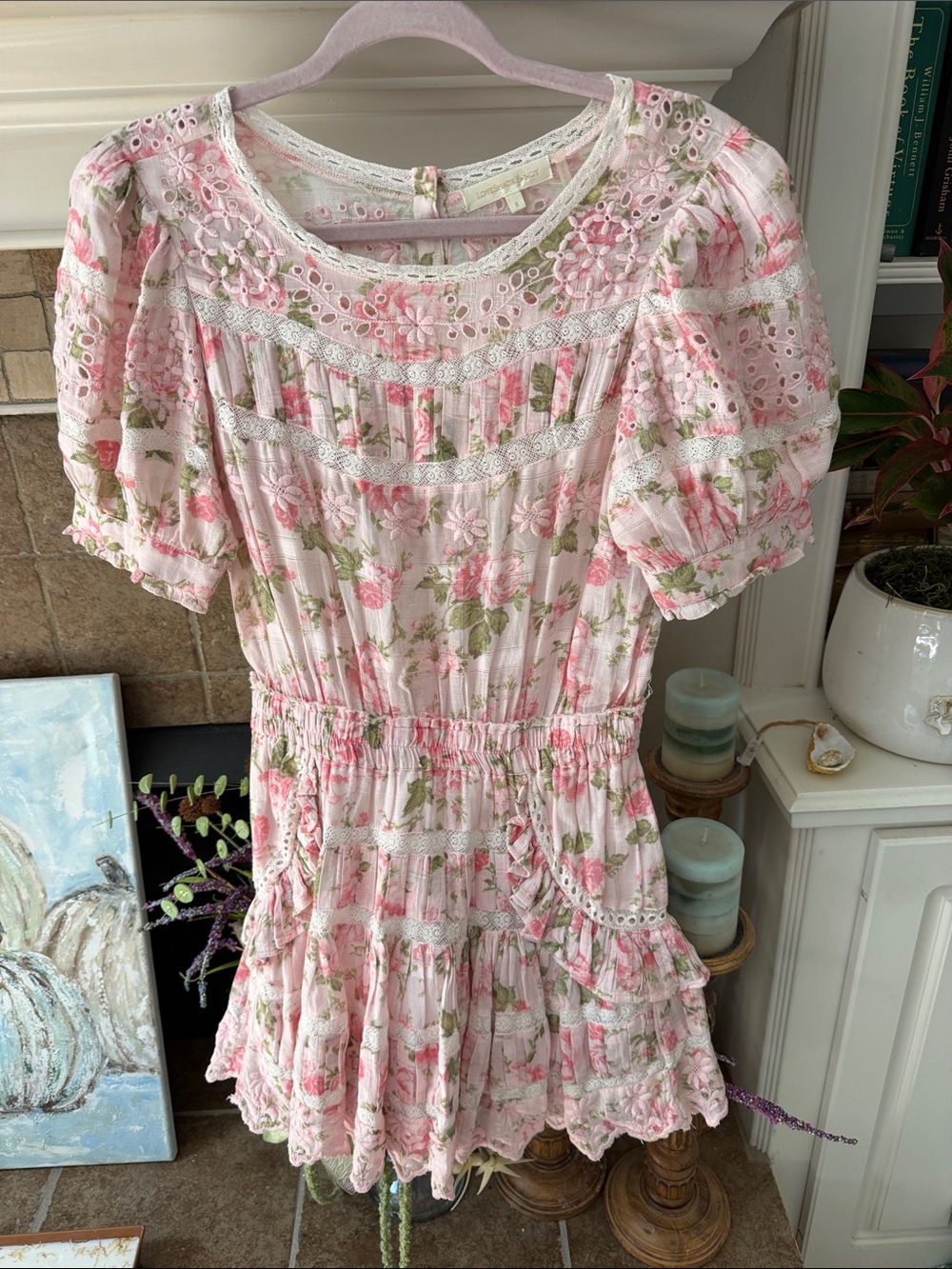 Love shack fancy mini dress Augustine pink lace embroidery floral S